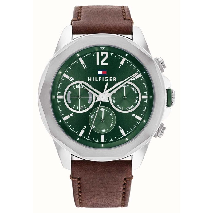 TommyHilfiger 銀綠色多角設計三眼錶