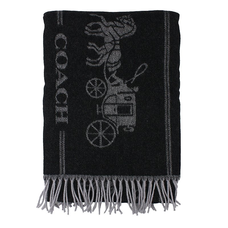 【COACH】經典馬車LOGO喀什米爾羊毛寬版圍巾/披巾-義大利製(黑灰)
