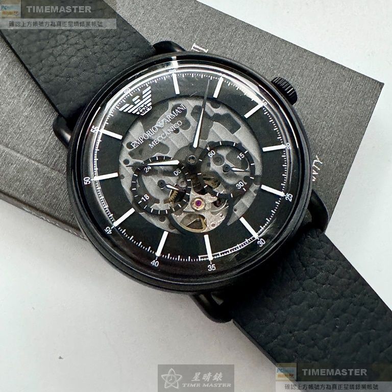 ARMANI手錶,編號AR00050,44mm黑圓形精鋼錶殼,黑色鏤空, 中三針顯示錶面,深黑色真皮皮革錶帶款,立體玻璃設計