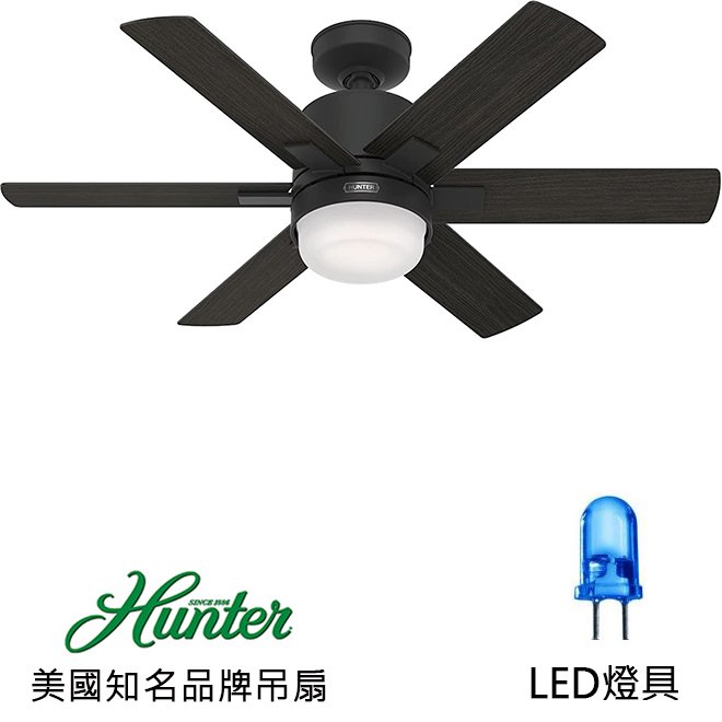 Hunter Radeon Smart Fan With LED Light 44英吋吊扇附LED燈(50980)啞光黑色 適用於110V電壓[預購商品]