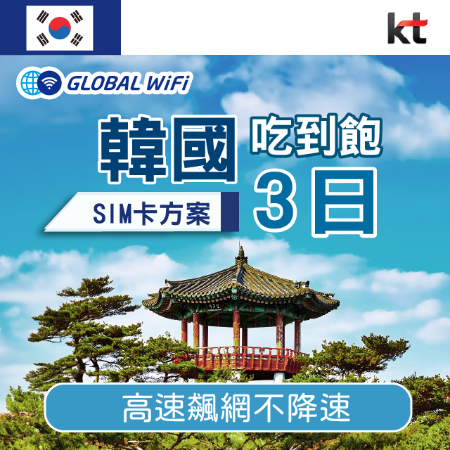 韓國 上網SIM卡 3天 吃到飽不降速 4G高速上網 KT 手機上網 隨插即用 熱點分享