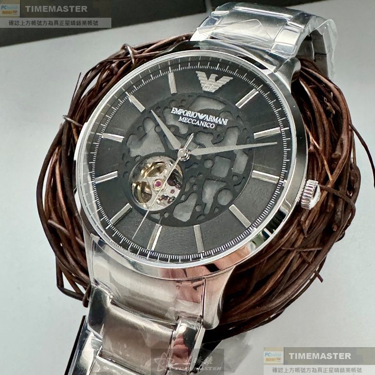 ARMANI手錶,編號AR00054,44mm銀圓形精鋼錶殼,黑色鏤空, 中三針顯示錶面,銀色精鋼錶帶款