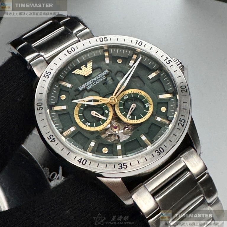 ARMANI手錶,編號AR00057,44mm銀圓形精鋼錶殼,墨綠色機械鏤空中二針顯示, 雙眼, 運動錶面,銀色精鋼錶帶款