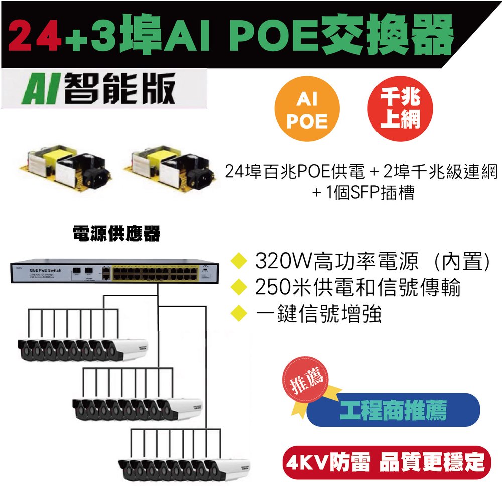 台灣現貨 POE switch POE供電交換器 24埠 交換器 NVR IPCAM
