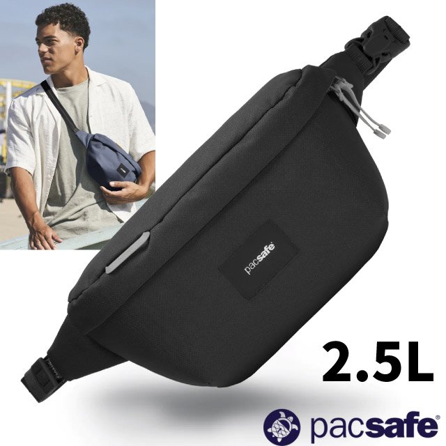 【Pacsafe】Go Anti-Theft 防盜斜背包/腰包/臀包2.5L.RFID護照包.隨身包/防割裂鋼網.防割強化背帶/35100130 噴射黑