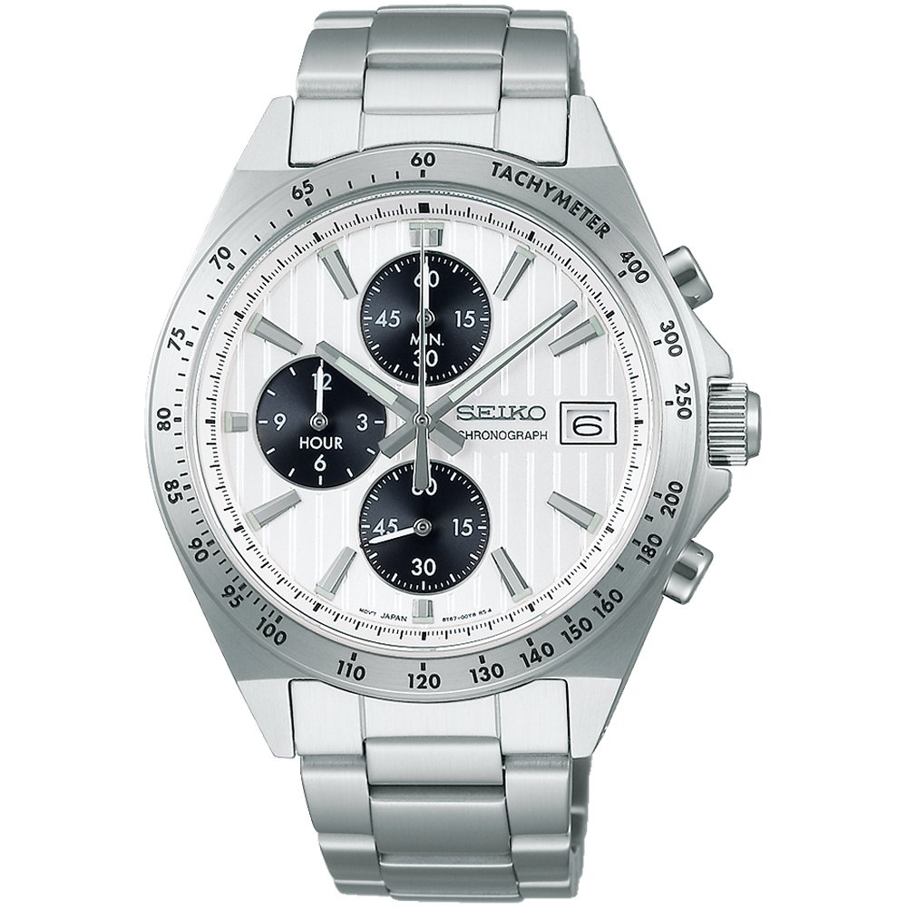 Seiko 精工錶 SBTR039J/(8T67-00Y0S) 直條紋三眼質感紳士計時手錶 白色/41mm SK037