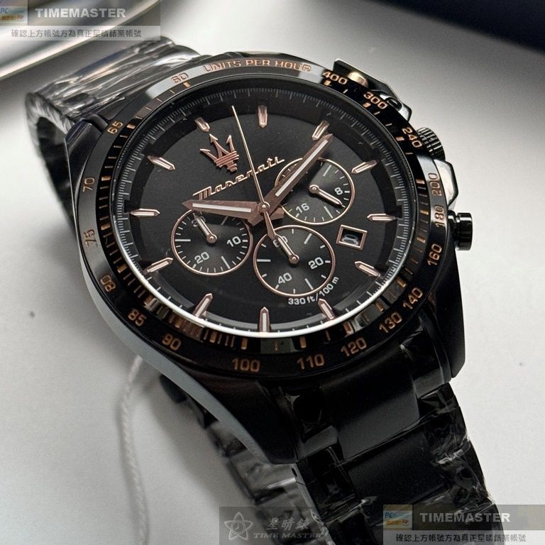 MASERATI手錶,編號R8873612048,46mm黑圓形精鋼錶殼,黑色三眼, 中三針顯示錶面,深黑色精鋼錶帶款