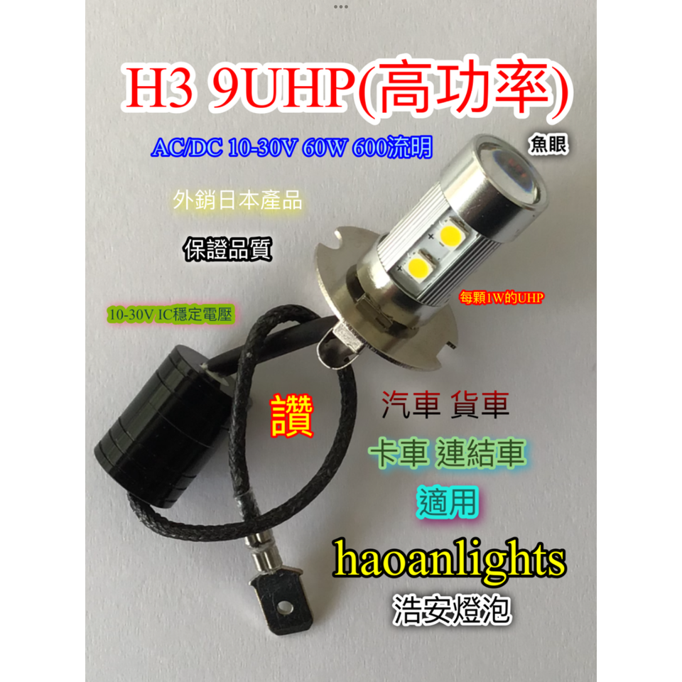 H3 led 燈泡 汽車 貨車 卡車適用 “寬壓” 9UHP 10-30V 60W 600流明 高亮度 haoanlights 浩安燈泡