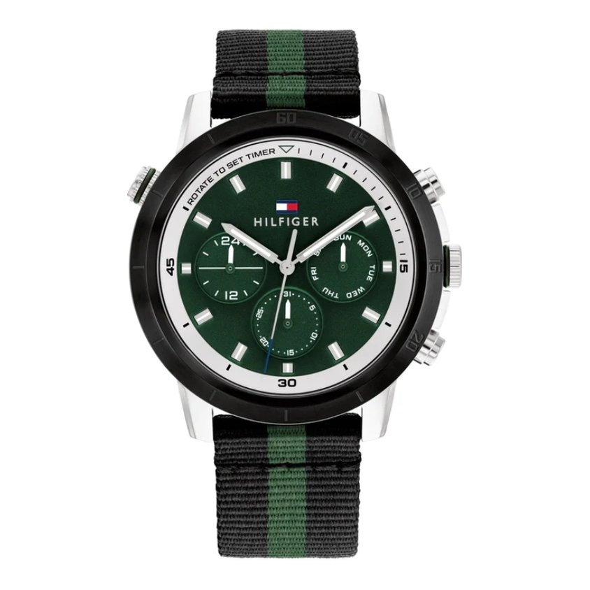 TommyHilfiger 黑綠色帆布錶帶真三眼錶