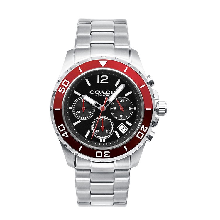 COACH | KENT系列 黑面 銀色框 紅色邊 不鏽鋼錶帶 三眼計時腕錶 手錶 男錶(14602556)