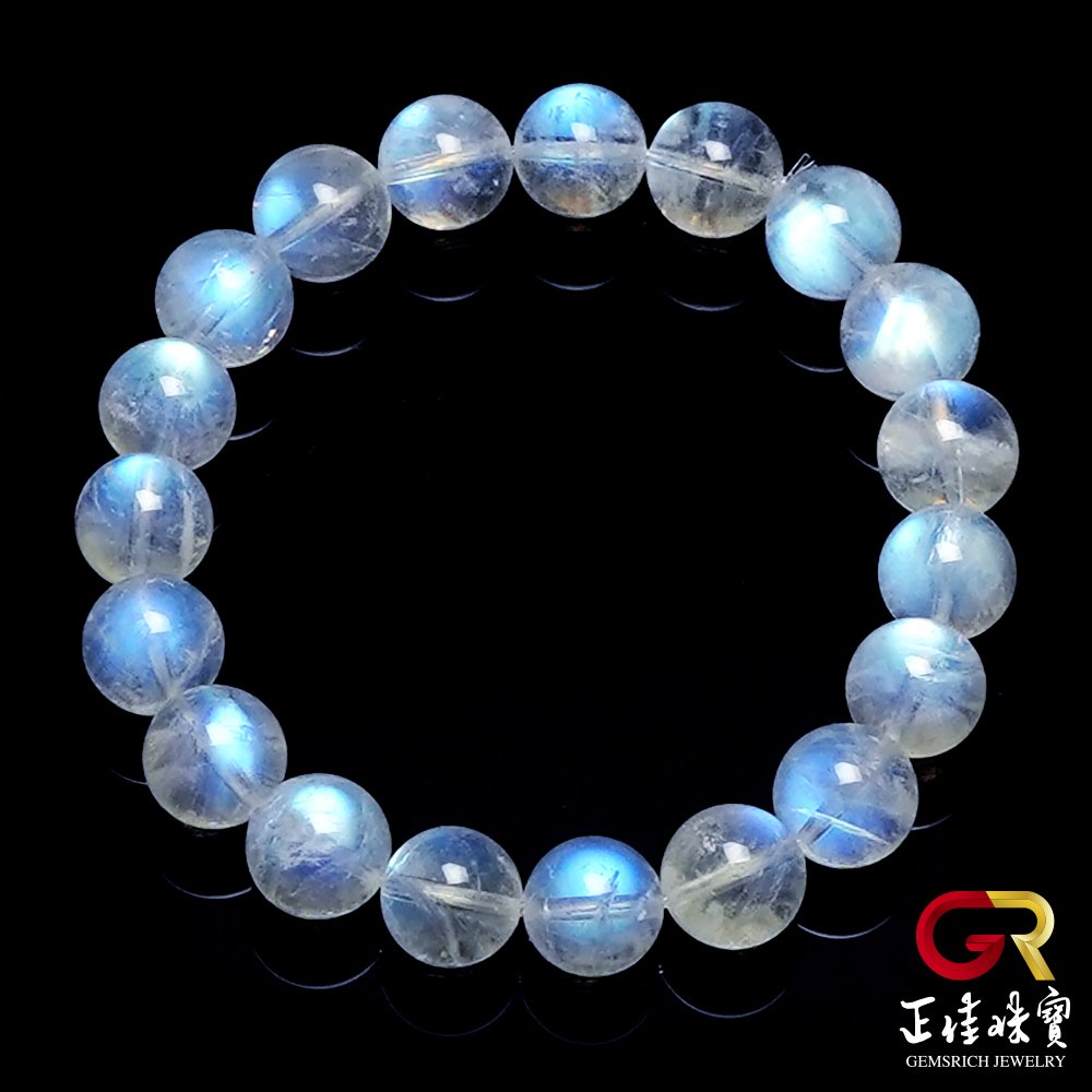 【正佳珠寶】藍月光 頂級冰藍 9.8-10.3mm 藍月光石手珠