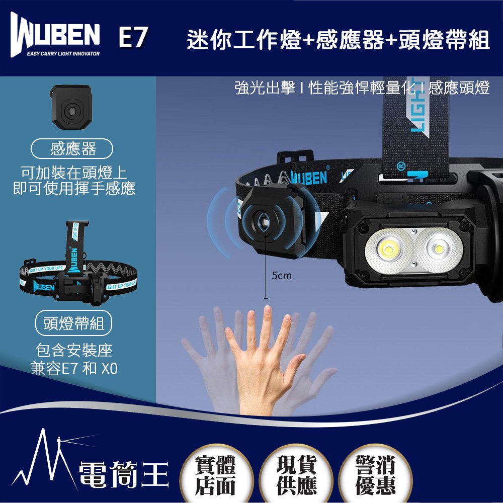 【電筒王】WUBEN E7 1800流明 132米 迷你工作燈 泛光 頭燈帶/延長管/揮手感應器 磁吸 TYPE-C
