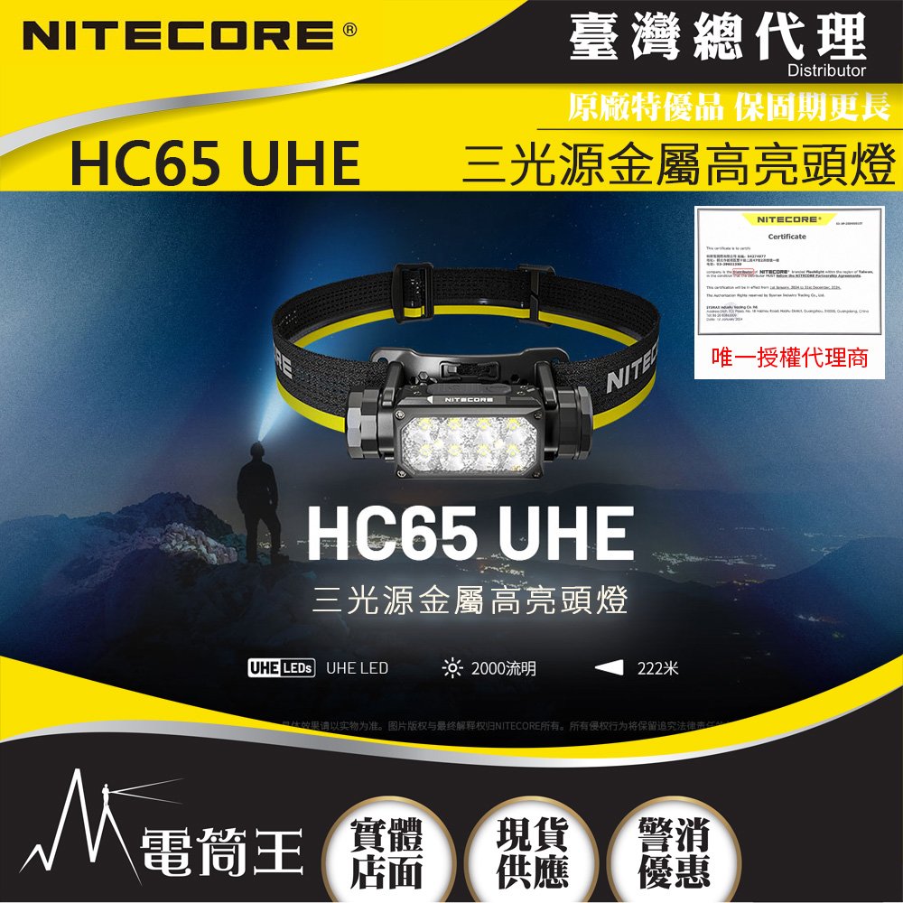 【電筒王】Nitecore HC65 UHE 2000流明 222米 三光源金屬高亮頭燈 紅/白光 8核UHE LED