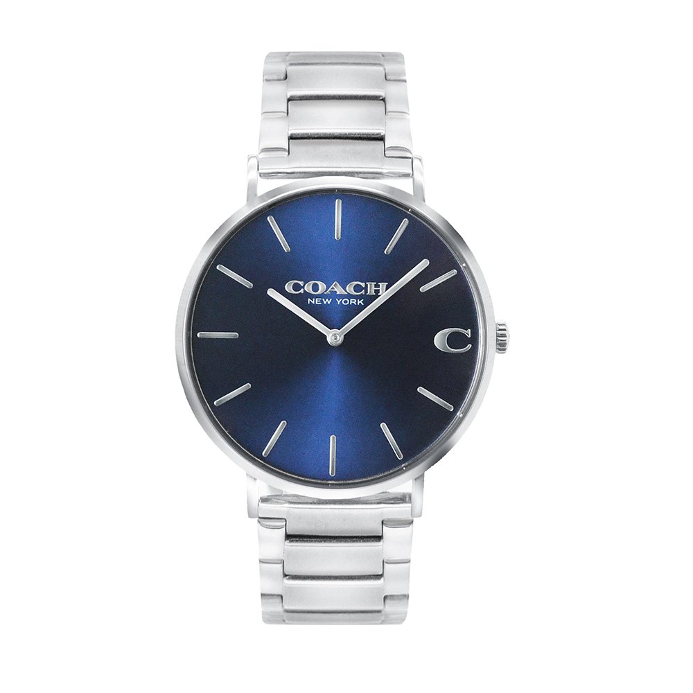 COACH | 銀殼系 藍面 C字 鋼帶腕錶 男錶 手錶(14602429)