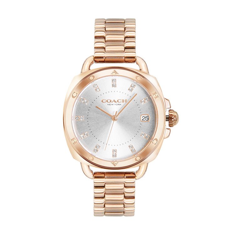 COACH |LOGO錶圈設計 玫瑰金框 白面 不鏽鋼錶帶 34mm 女錶 手錶(14504158)
