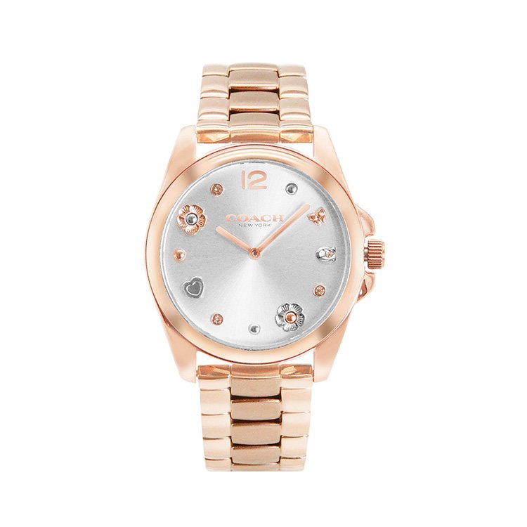 COACH |Delancey系列 玫瑰金框 銀面 不鏽鋼錶帶 山茶花 立體時標 女錶 手錶(14504023)