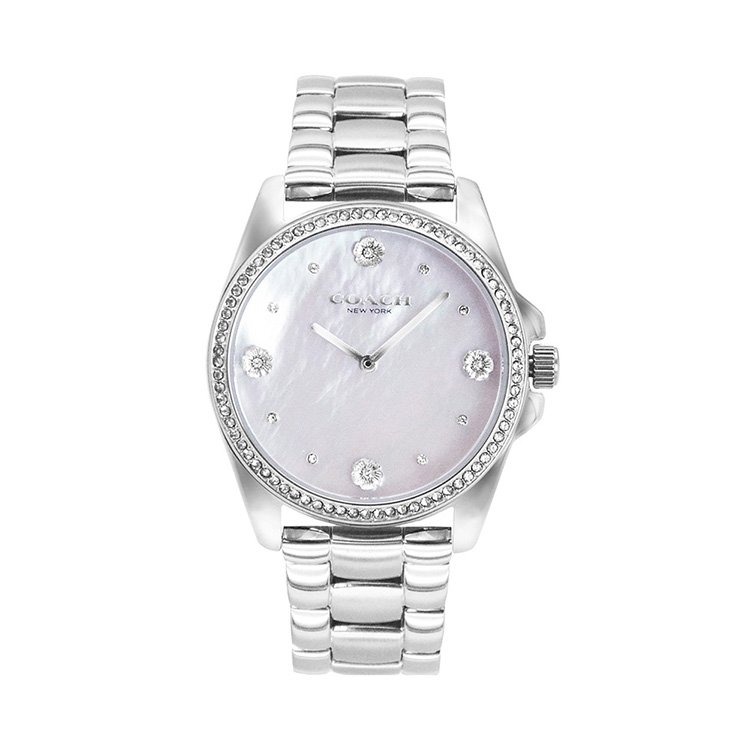 COACH |山茶花系列 銀框 貝殼面 不鏽鋼錶帶 晶鑽腕錶 女錶 手錶(14504108)