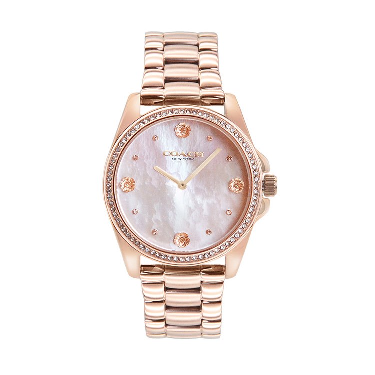 COACH |山茶花系列 玫瑰金框 貝殼面 不鏽鋼錶帶 晶鑽腕錶 女錶 手錶(14504110)