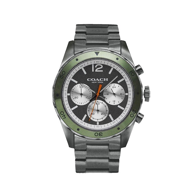 COACH |鐵灰框 灰面 綠色錶圈 三眼計時碼錶 不鏽鋼錶帶 男錶 手錶(14602118)