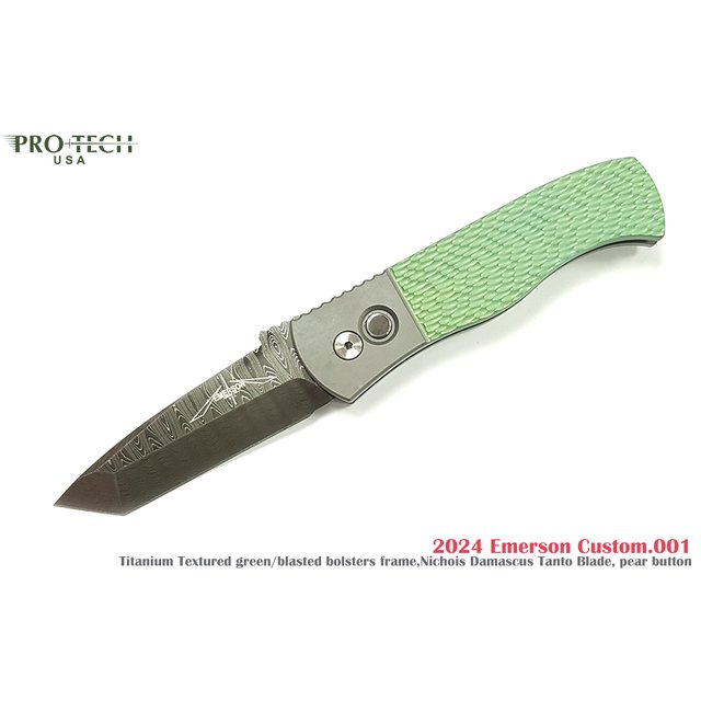 PROTECH Emerson CQC7 Custom.001 綠Jigged鋁鈦柄大馬士革鋼彈簧刀-PROTECH 2024 EMERSON CUSM 001