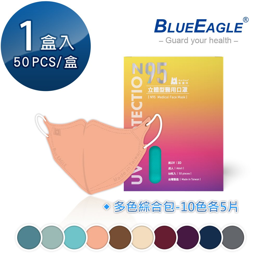 【藍鷹牌】N95立體型成人醫用口罩（綜合包）50片/盒 NP-3DMWMIX1-50