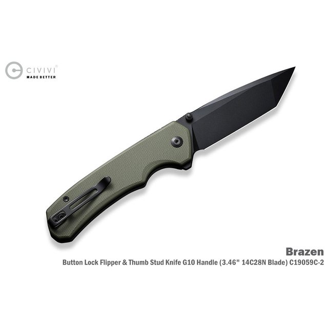 We Knife/Civivi Brazen 綠G10柄按鈕鎖折刀 - 14C28N鋼(黑色處理)-WEKNIFE C19059C-2