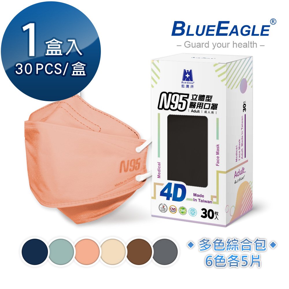 【藍鷹牌】N95 4D立體型醫療成人口罩 (綜合包) 30片/盒 NP-4DMMIX1-30 每色各*5片