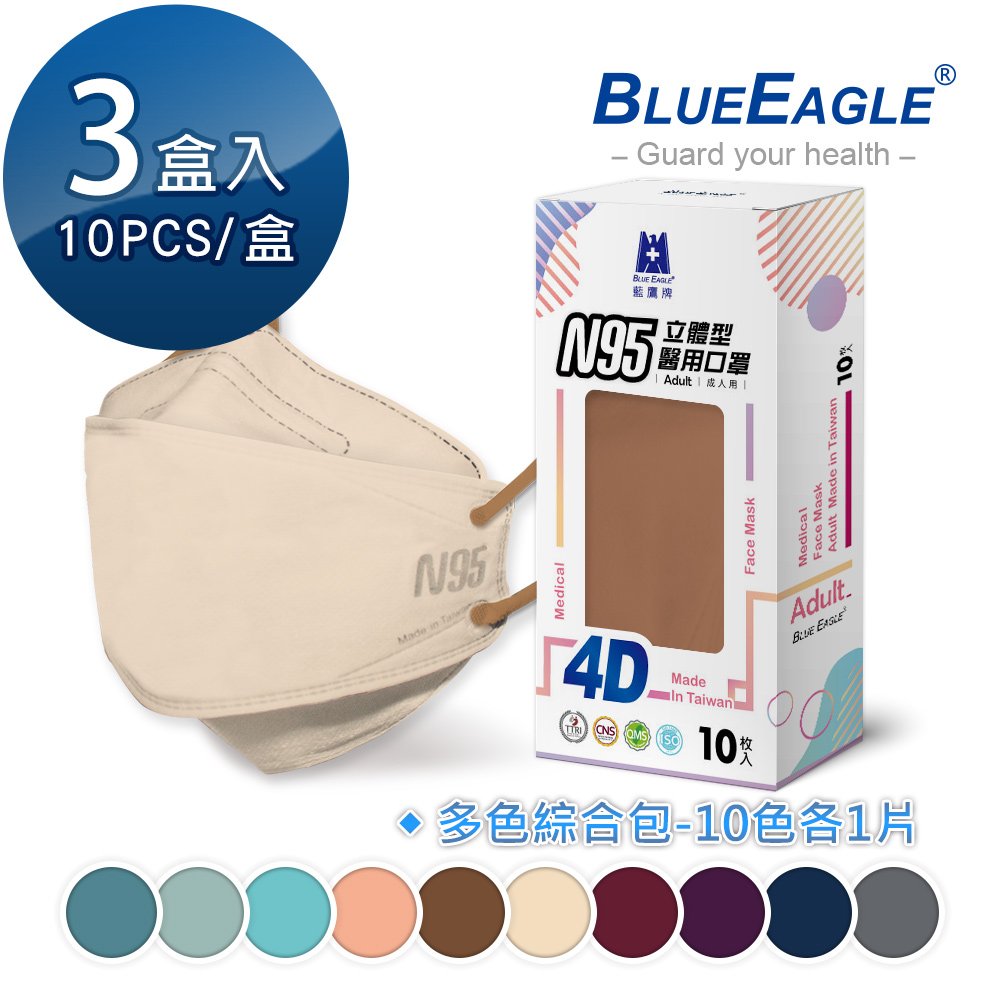 【藍鷹牌】N95 4D立體型醫療成人口罩 (綜合包) 10片*3盒 多件優惠 NP-4DMMIX1-10*3 每色各*1片