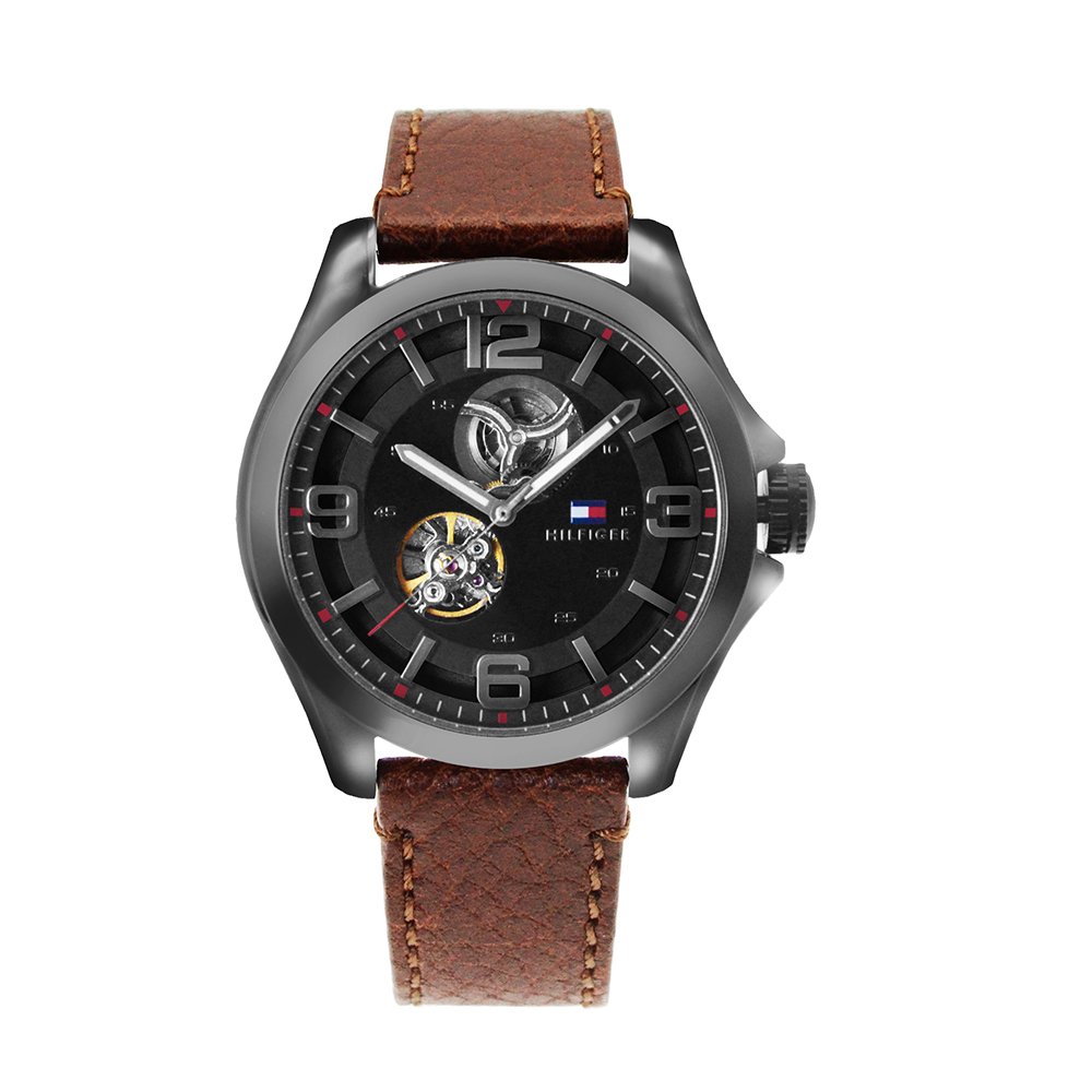 Tommy Hilfiger Bruce系列 黑殼 黑面 鏤空造型機械錶 深咖啡色皮革錶帶 手錶 男錶(1791280)