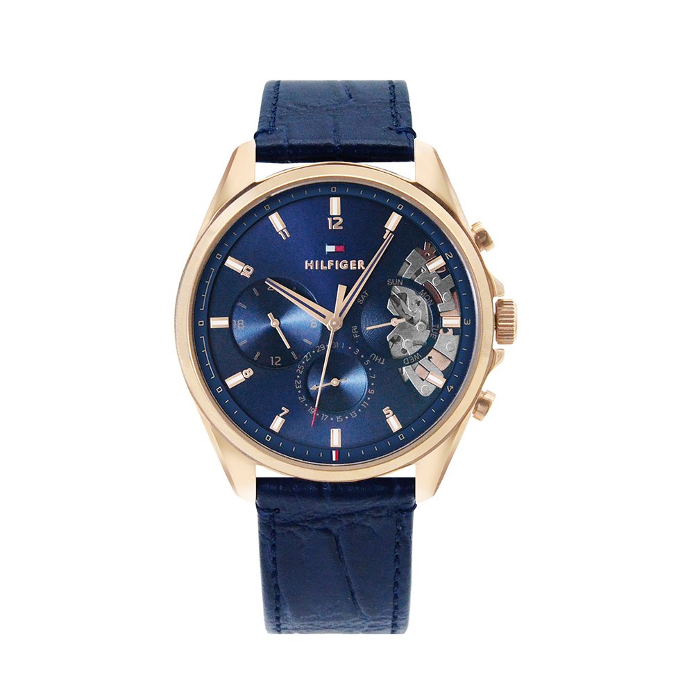 Tommy Hilfiger Baker系列 玫瑰金殼 藍面 三眼日期顯示 鏤空設計 深藍色皮革錶帶 手錶(1710451)