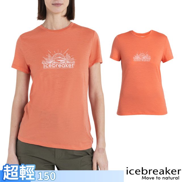 【Icebreaker】女 100%美麗諾羊毛 Tech Lite III 圓領短袖上衣(光輝景致)-150.T恤.吸濕排汗運動休閒衫/IB0A56YF-B75 珊瑚橘粉