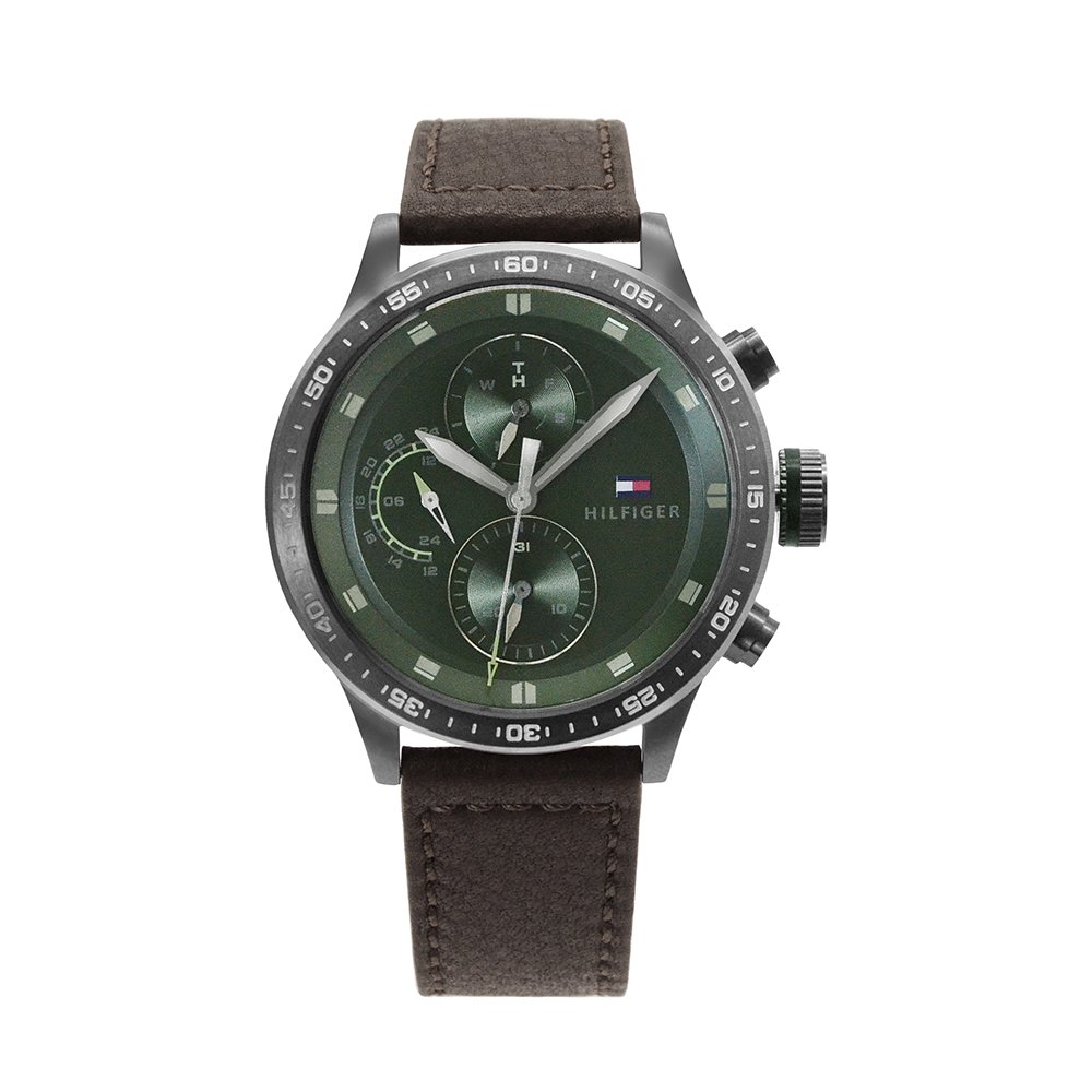Tommy Hilfiger Trent系列 鐵灰殼 綠色面 三眼日期顯示 深咖啡色皮革錶帶 手錶 男錶(1791809)