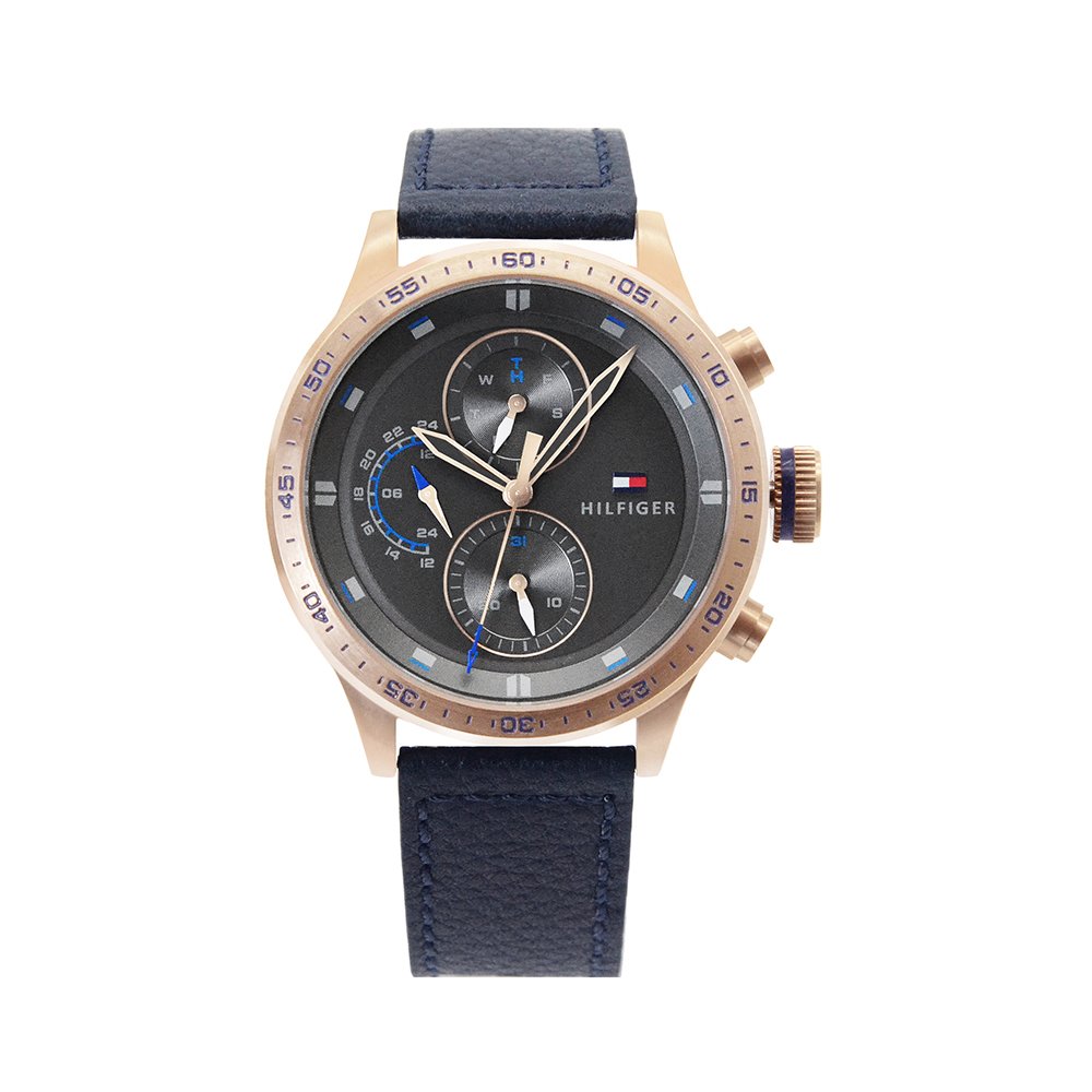 Tommy Hilfiger Trent系列 玫瑰金殼 灰面 三眼日期顯示 深藍色皮革錶帶 手錶 男錶(1791808)