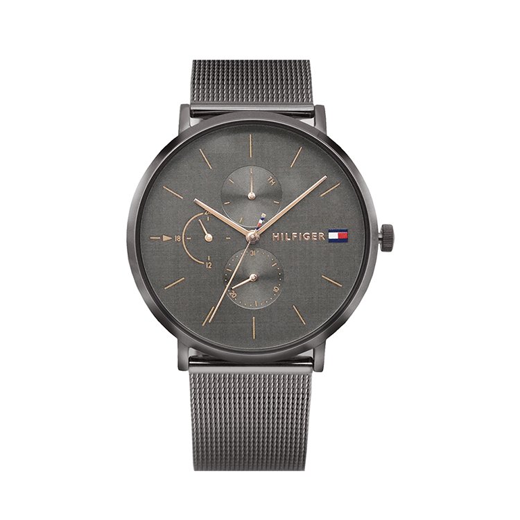 Tommy Hilfiger 灰色系 紋路錶盤 兩眼日期顯示 米蘭錶帶 腕錶 手錶 女錶 情人節(1781945)
