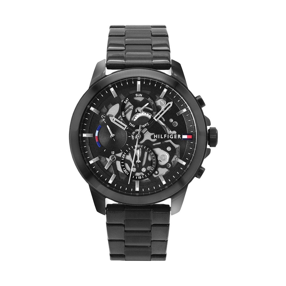 Tommy Hilfiger 黑殼 黑面 三眼日期顯示 面板鏤空特殊設計 黑色鋼帶 手錶 男錶(1710478)