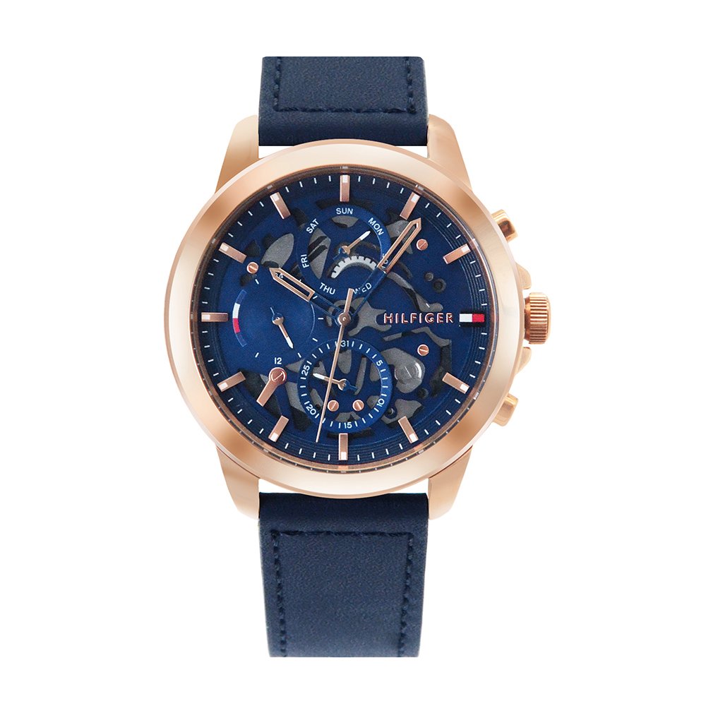 Tommy Hilfiger 玫瑰金殼 藍面 三眼日期顯示腕錶 面板鏤空特殊設計 深藍色皮革錶帶 手錶 男錶(1710475)