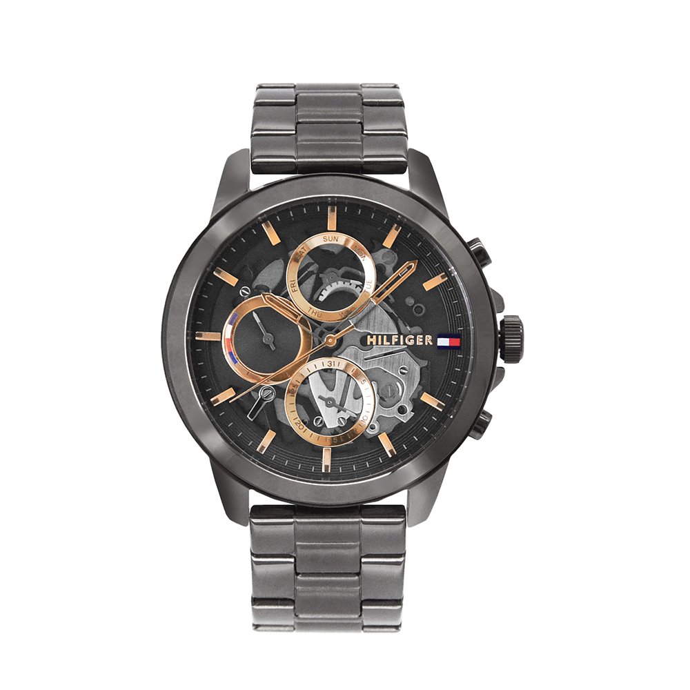 【Tommy Hilfiger】槍灰色系 玫瑰金指針 三眼日期顯示腕錶 鏤空特殊設計 不鏽鋼錶帶 手錶 男錶(1710479)