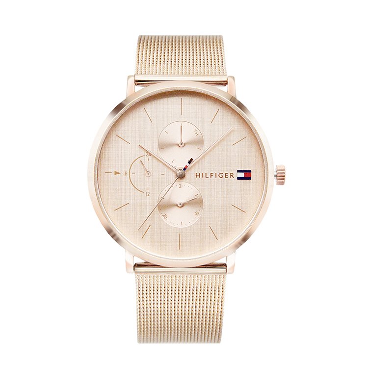 【Tommy Hilfiger】玫瑰金色系 紋路錶盤 兩眼日期顯示 米蘭錶帶 腕錶 手錶 女錶(1781944)
