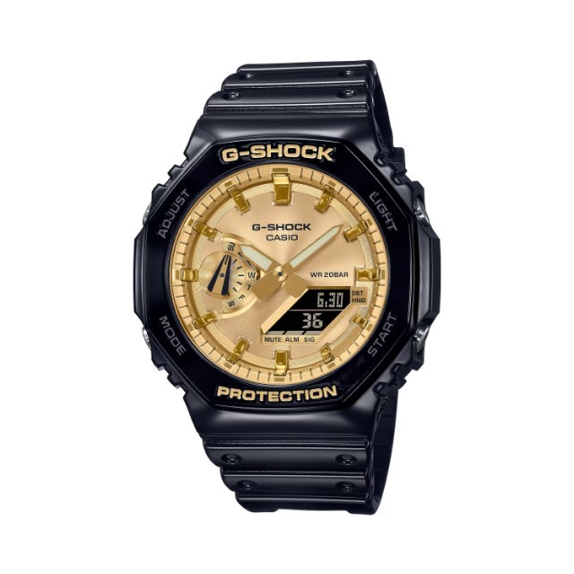 【CASIO G-SHOCK】冷豔金屬感八角雙顯腕錶-礦物金/GA-2100GB-1A/台灣總代理公司貨享一年保固