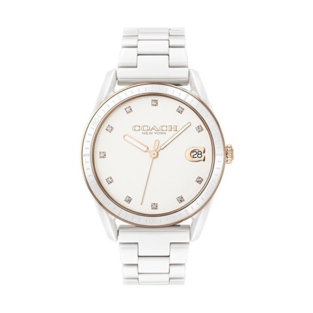 【Coach】Preston紐約晶鑽時標時尚陶瓷腕錶-珍珠白/CO14503263/台灣總代理公司貨享兩年保固