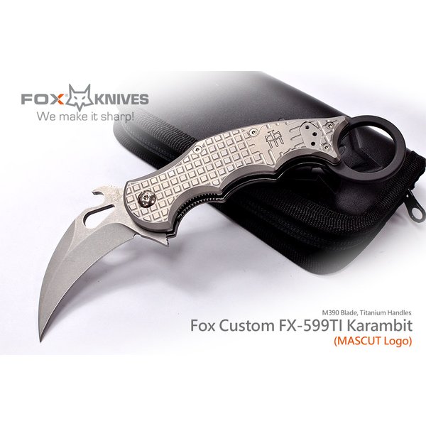Fox Custom FX-599TI 格子紋鈦柄Karambit折刀/M390鋼石洗 (MASCUT Logo客製版)-FOX MA-FX-599TI