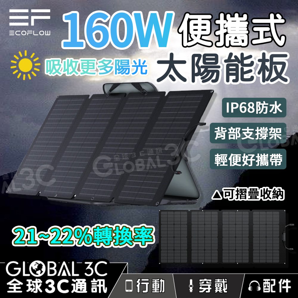 EcoFlow 160W 便攜式太陽能板 22%轉換率 單晶矽 ETFE IP68 防水 附支架