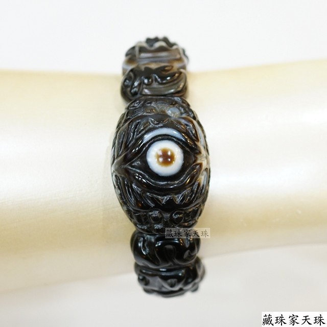 《藏珠家天珠》精品雙龍拱珠+黃財神咒天眼天珠手鍊-中手排