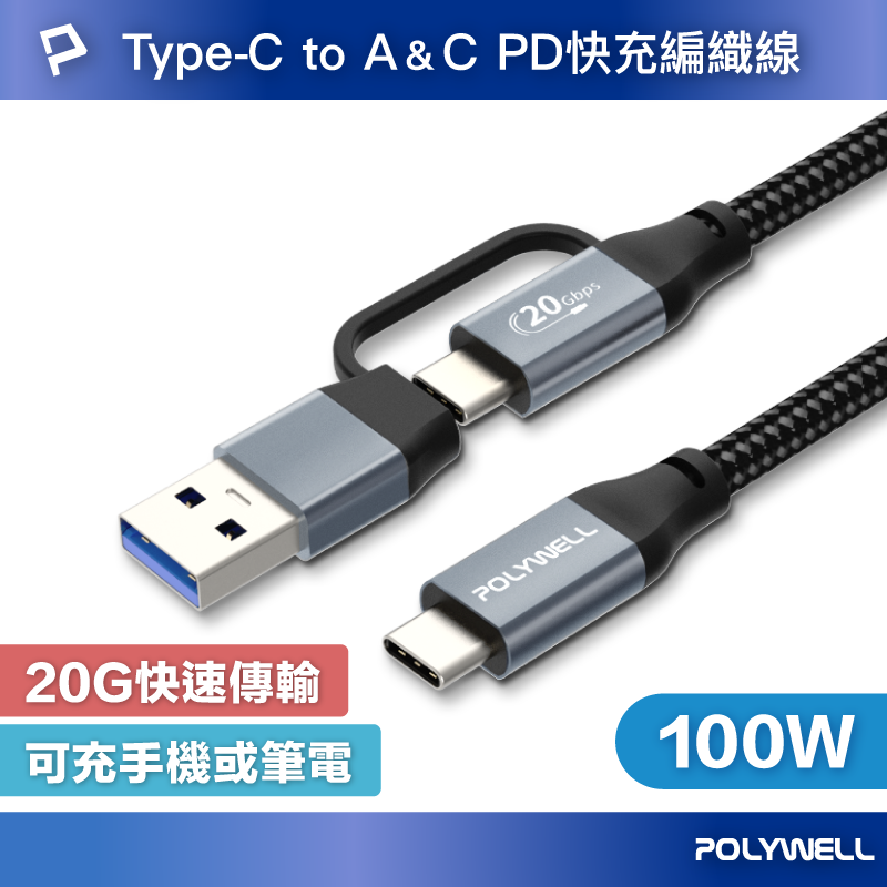 (現貨) 寶利威爾 USB-C To C+USB 二合一PD編織快充傳輸線 Gen2 100W 1米 POLYWELL
