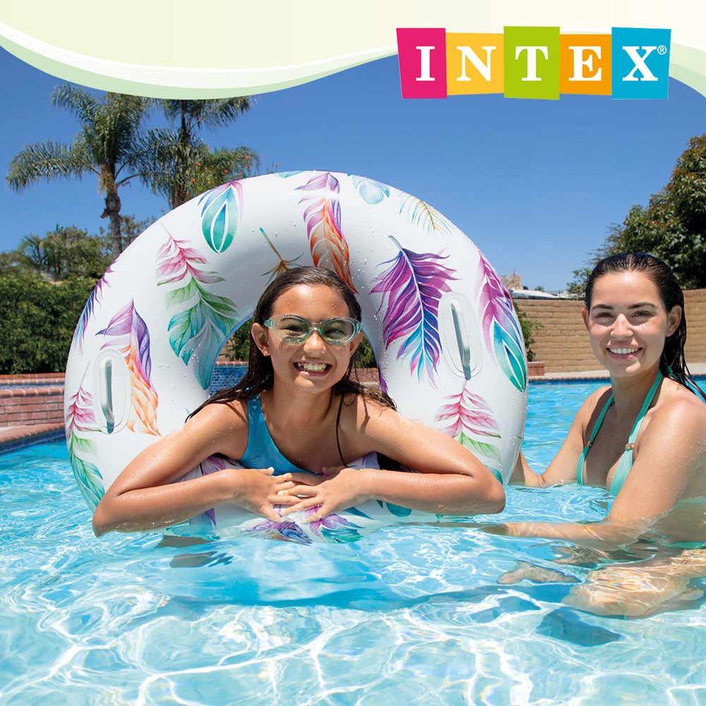 【INTEX】熱帶風格雙握把充氣泳圈-直徑97cm-羽毛/樹葉/椰子樹-3款可選_適9歲以上 15130484/5/6(58263NEW)