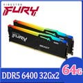 金士頓 Kingston FURY Beast 獸獵者 DDR5 6400 64GB(32GBx2) RGB桌上型超頻記憶體(KF564C32BBEAK2-64)