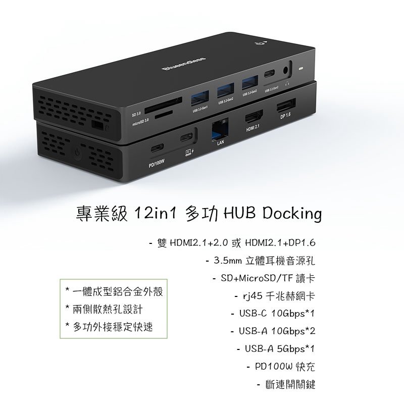 專業級12in1 HUB Docking擴展塢集線器,雙HDMI,單HDMI+DP,8K 30Hz轉大螢幕,USB3.2
