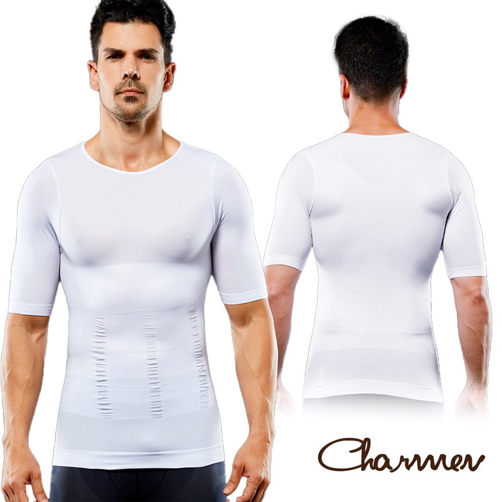 【Charmen】NY094 加壓束胸收腹無痕緊身短袖 男性塑身衣 白色