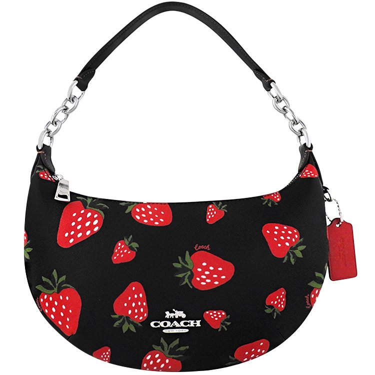 COACH 黑色草莓圖樣PVC彎月手提/肩背包