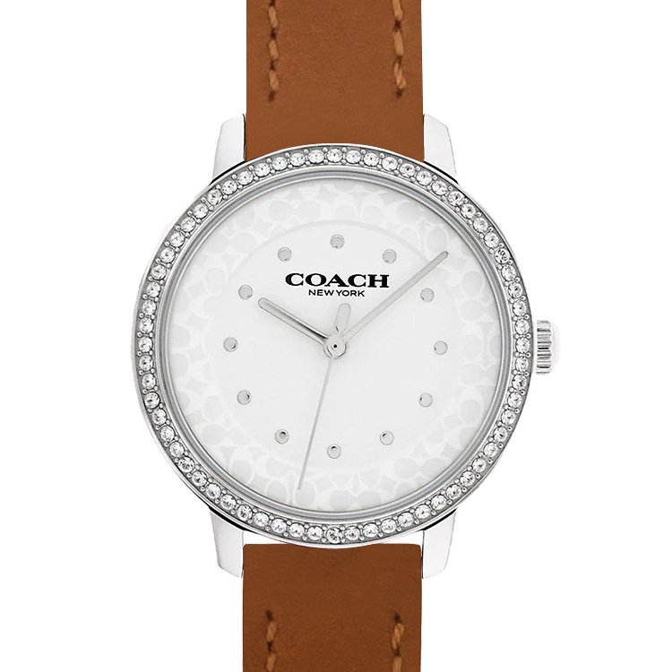 COACH 咖啡色真皮錶帶晶鑽鑲嵌女士腕錶
